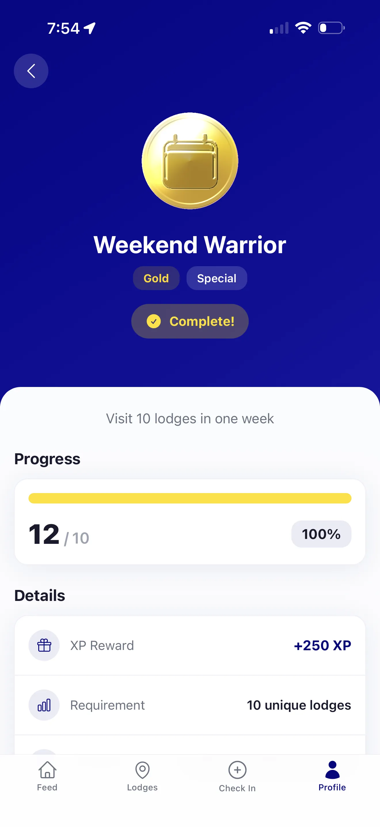 Weekend Warrior badge detail showing progress at 100% and +250 XP reward