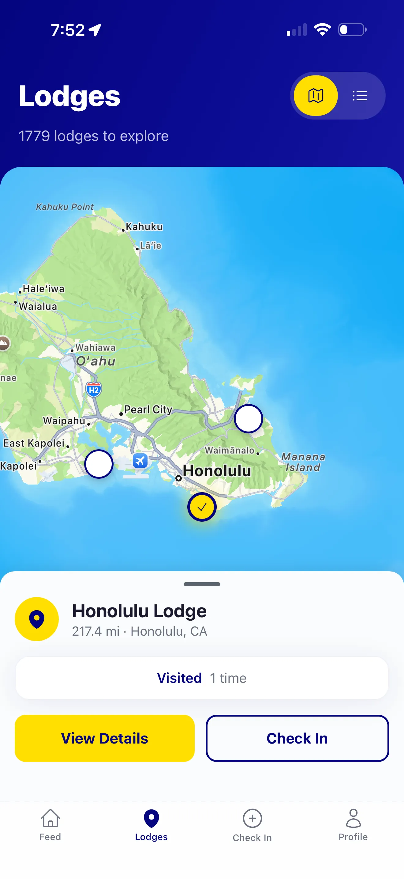 Honolulu Lodge selected on map with quick-action card