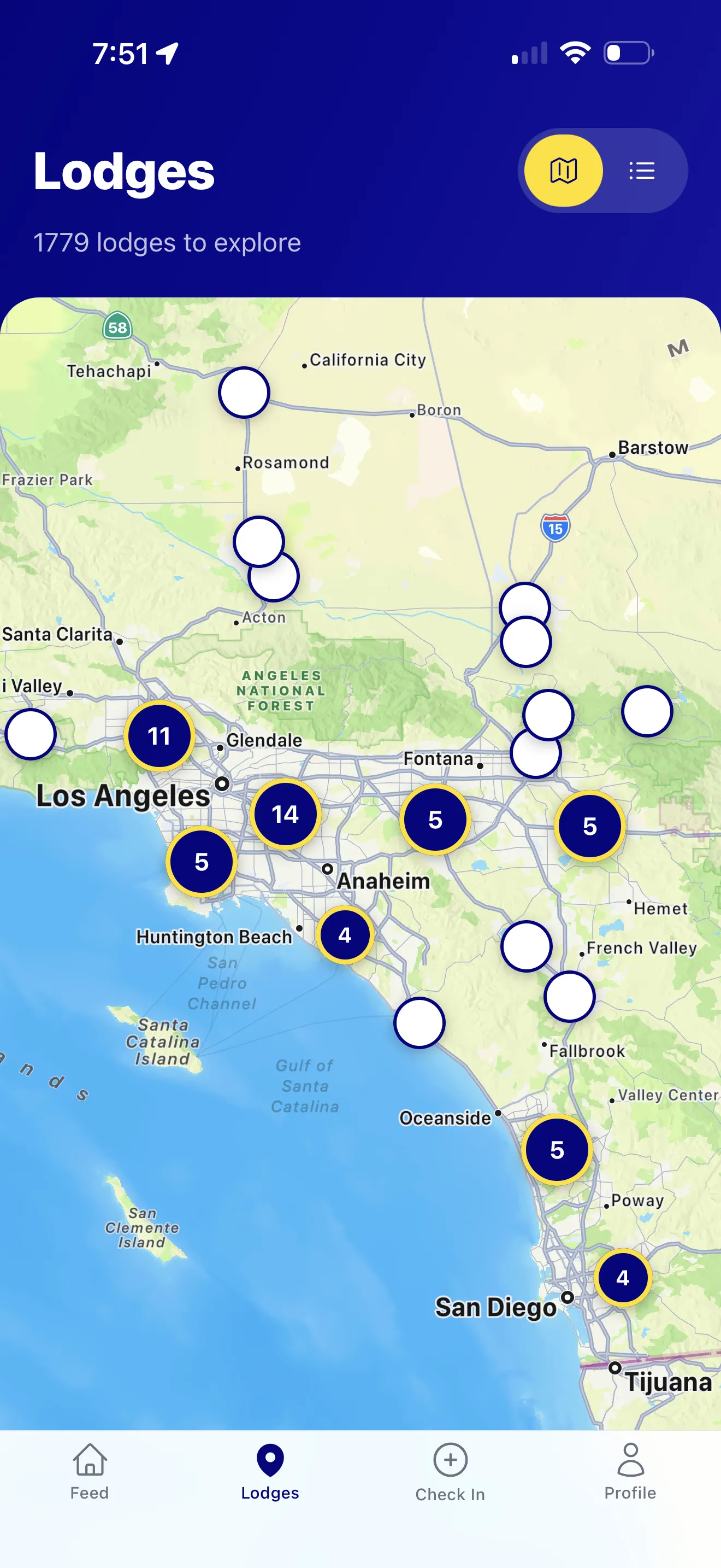 Southern California region zoomed in showing individual lodge pins